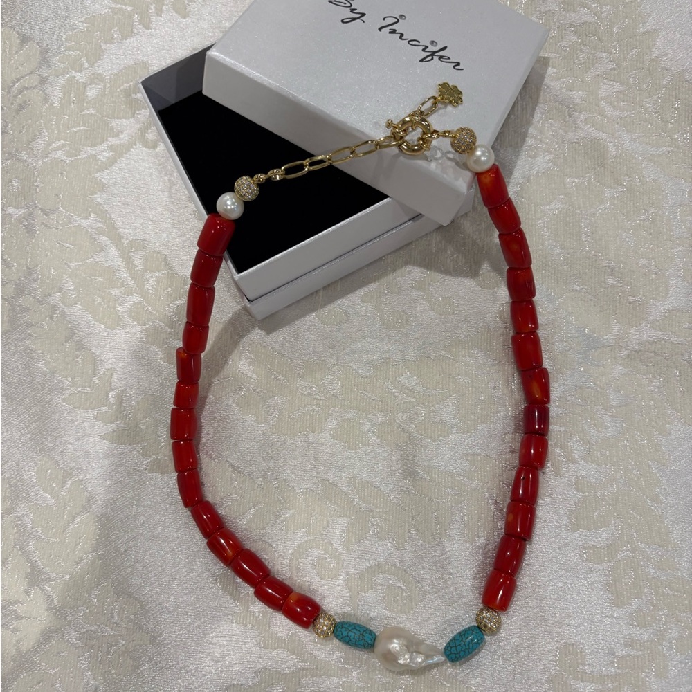 Red Coral, Turquoise & Pearl Necklace😍🪸